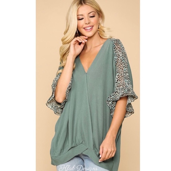 Sage Green Leopard Detail Surplice Front Twist Top - Picture 6 of 6
